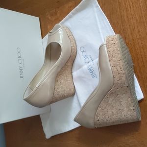 Beautiful Jimmy Choo Papina Nude Peep Toe Wedge Platform Sandal Size 38.5